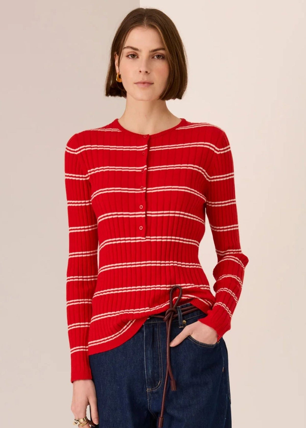 POL Tate Henley Knit - Red/White Jumpers + Knitwear - Zabecca Living