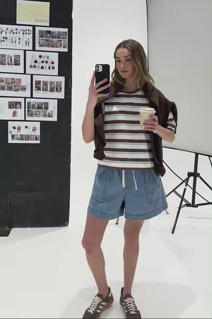 CERES LIFE Boa Boxy Pocket Tee - White / Milk Choc Chalk Stripe