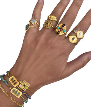 RUBYTEVA Garnet and Turquoise Kundan Oval Ring - Gold Plate Ring - Zabecca Living