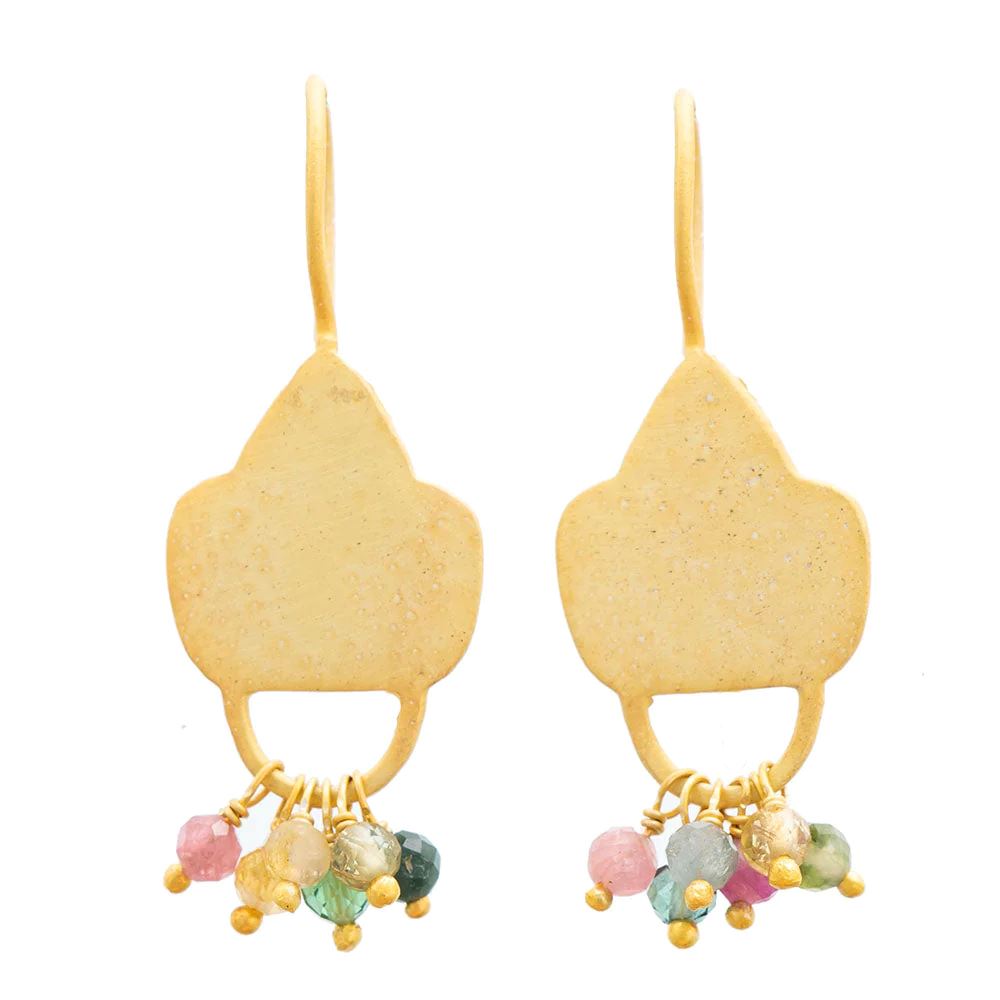 RUBYTEVA Multi Tourmaline Matte Shield Earrings - Gold Plate Earrings - Zabecca Living