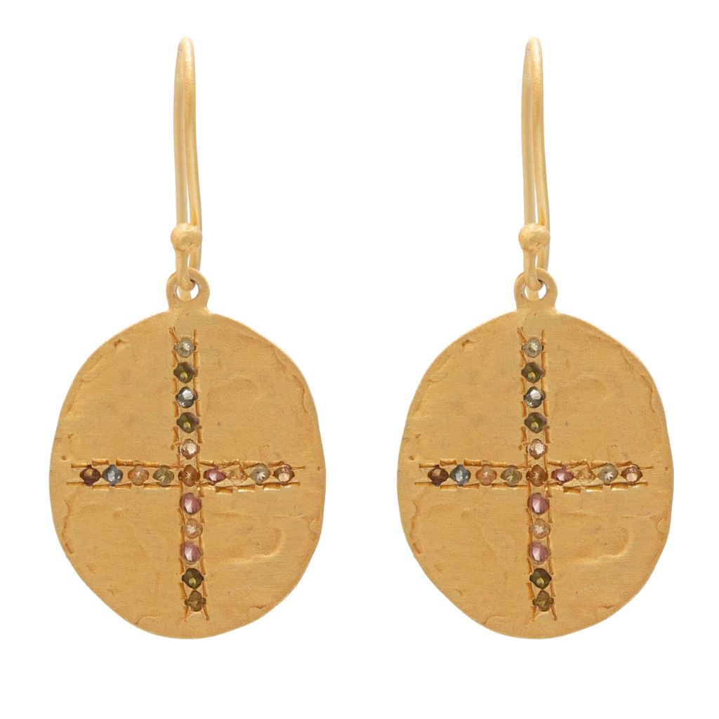 RUBYTEVA Multi Tourmaline Oval Cross Earrings - Gold Plate Earrings - Zabecca Living
