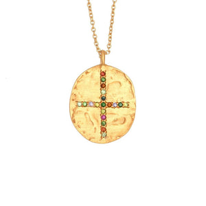 RUBYTEVA Multi Tourmaline Oval Cross Pendant Necklace - Gold Plate Necklace - Zabecca Living