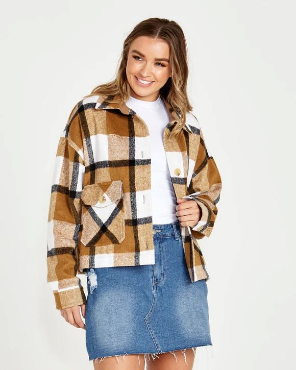 SASS Augusta Cropped Shacket - Tan Cream Check Winter Jacket - Zabecca Living