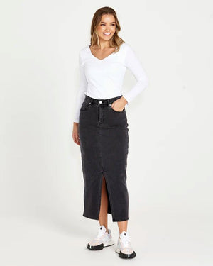 SASS Emerald Denim Maxi Skirt - 82 Wash Black Skirt - Zabecca Living