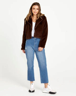 SASS Xanthe Cropped Faux Fur Jacket - Chocolate Brown Winter Jacket - Zabecca Living