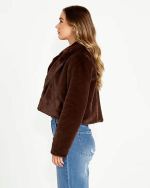 SASS Xanthe Cropped Faux Fur Jacket - Chocolate Brown Winter Jacket - Zabecca Living