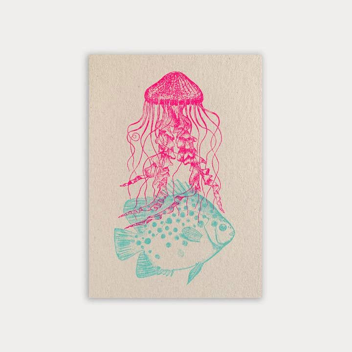 TOGETHERY Greeting Postcard - Jellyfish with Fish greeting card - Zabecca Living