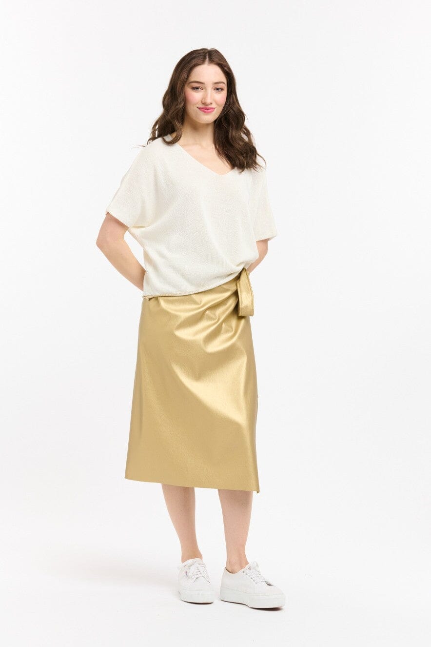 URBAN LUXURY Back Stripe Short Sleeve Sweater - Cream Gold Jumpers + Knitwear - Zabecca Living
