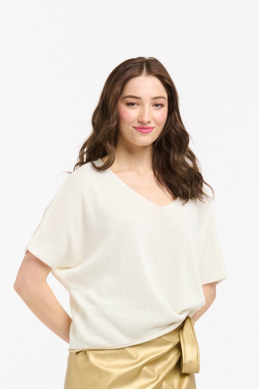 URBAN LUXURY Back Stripe Short Sleeve Sweater - Cream Gold Jumpers + Knitwear - Zabecca Living