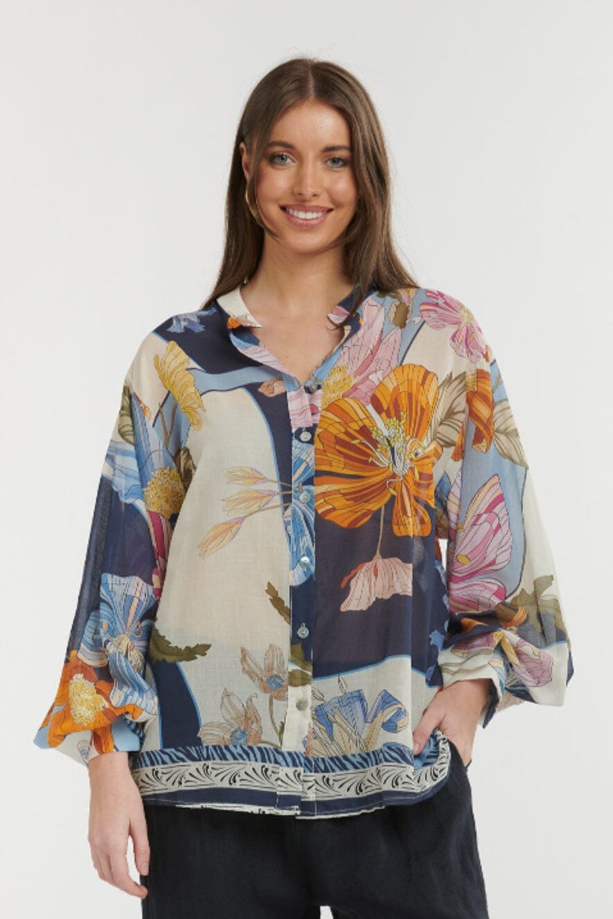 URBAN LUXURY Big Flowers Shirt - Cream and Blue Shirts & Blouses - Zabecca Living