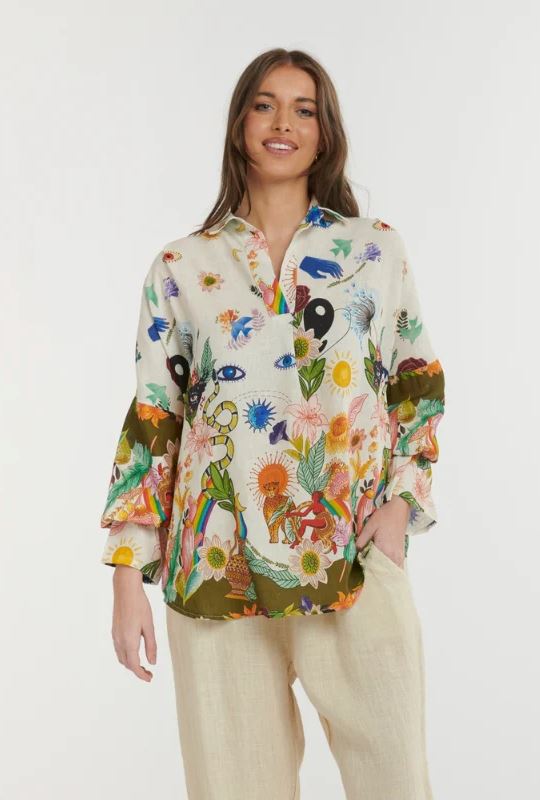 URBAN LUXURY Linen Printed Shirt - Cream Shirts & Blouses - Zabecca Living