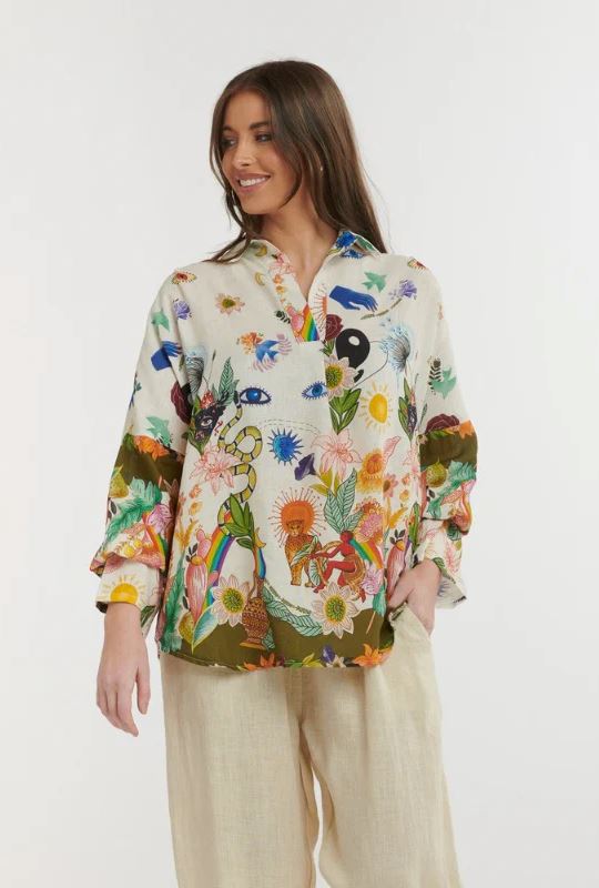 URBAN LUXURY Linen Printed Shirt - Cream Shirts & Blouses - Zabecca Living