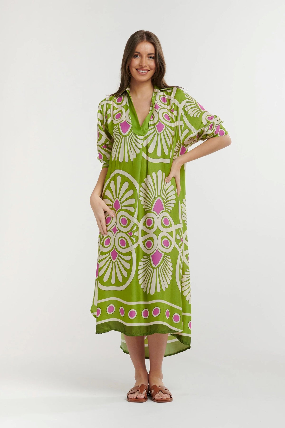 URBAN LUXURY Printed Viscose Dress - Lime and Cream Dress - Zabecca Living