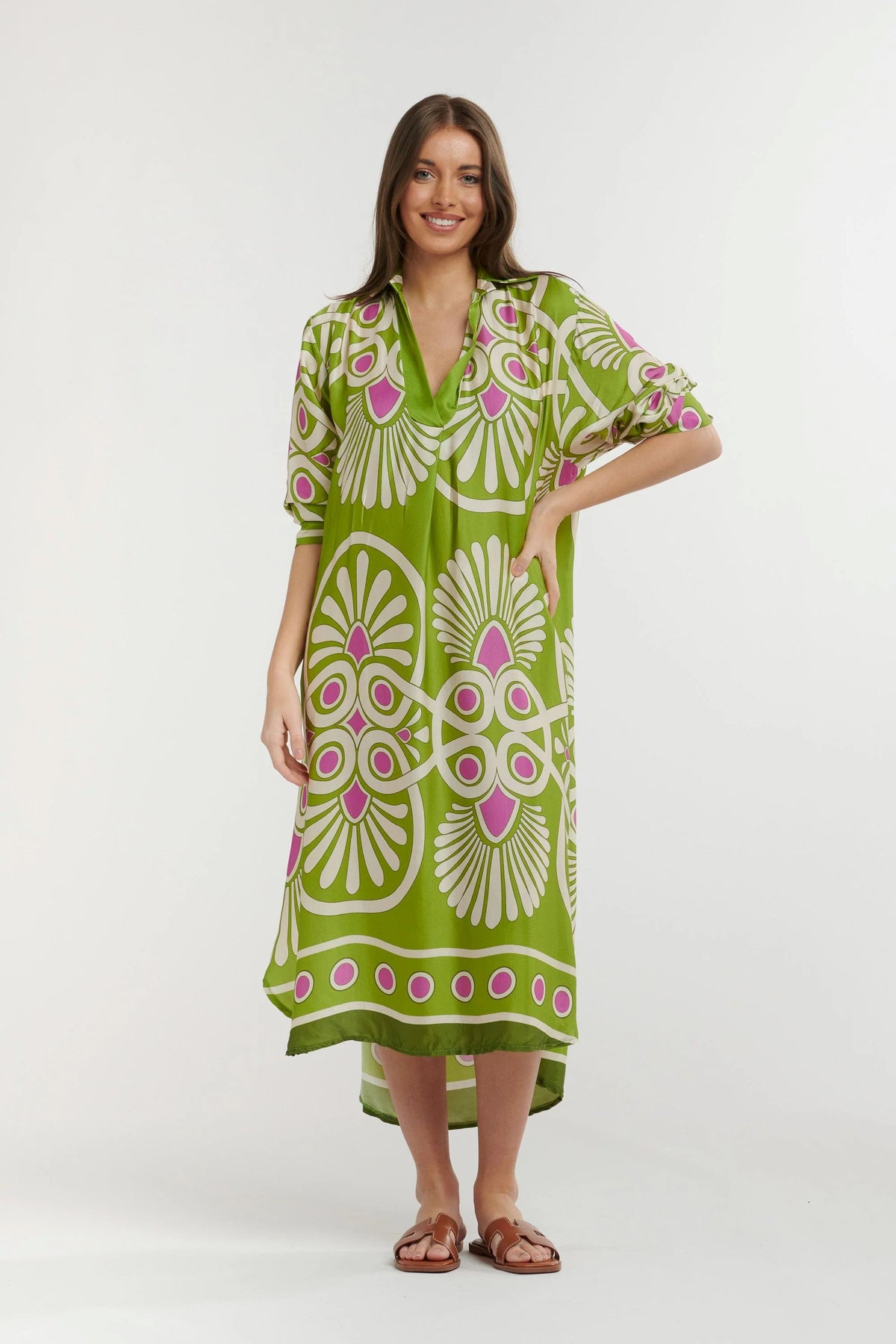 URBAN LUXURY Printed Viscose Dress - Lime and Cream Dress - Zabecca Living