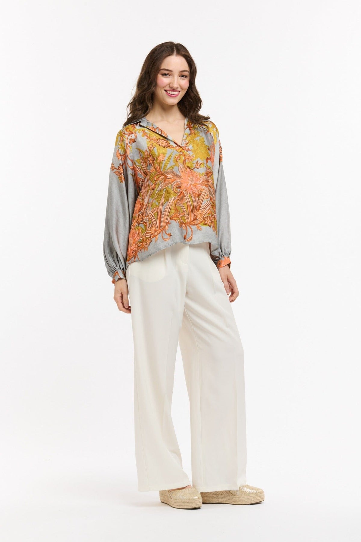 URBAN LUXURY Viscose Flower Shirt - Blue Orange Shirts &amp; Blouses - Zabecca Living