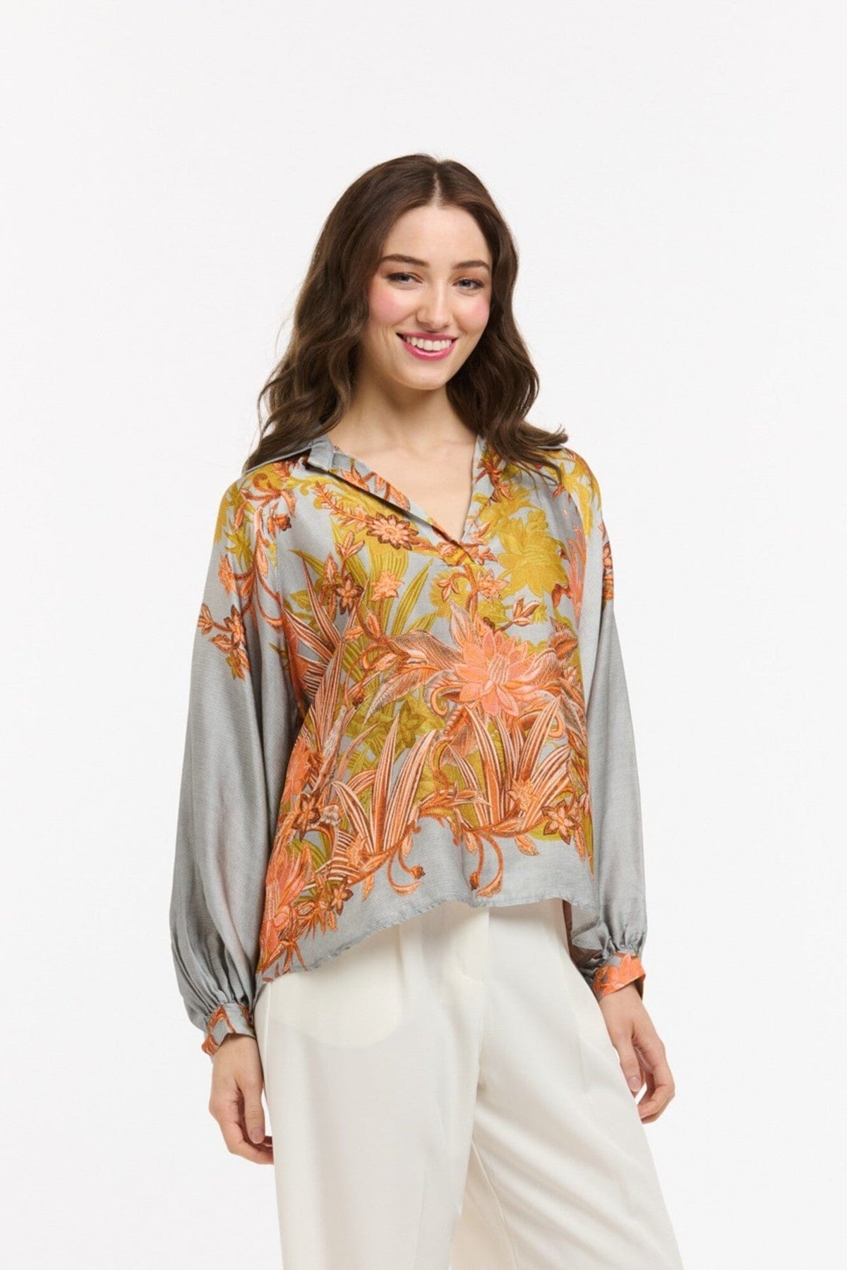 URBAN LUXURY Viscose Flower Shirt - Blue Orange Shirts &amp; Blouses - Zabecca Living