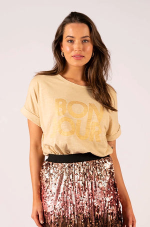 WE ARE THE OTHERS Jade Relaxed Tee - Champagne Bon Jour Tee - Zabecca Living