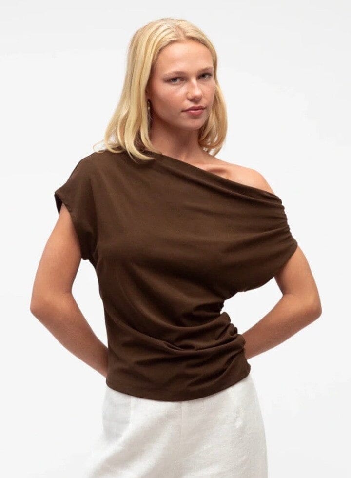 WHITE CLOSET One Shoulder Tee - Chocolate Tee - Zabecca Living