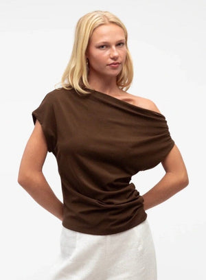 WHITE CLOSET One Shoulder Tee - Chocolate Tee - Zabecca Living