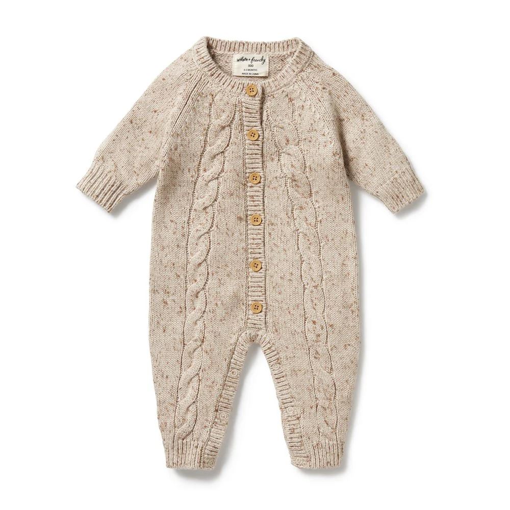 WILSON &amp; FRENCHY Fleck Knitted Cable Growsuit - Almond Fleck BABY CLOTHING - Zabecca Living