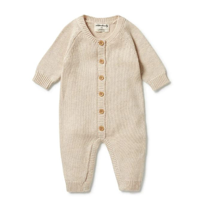 WILSON &amp; FRENCHY Knitted Button Growsuit - Oatmeal Melange BABY CLOTHING - Zabecca Living