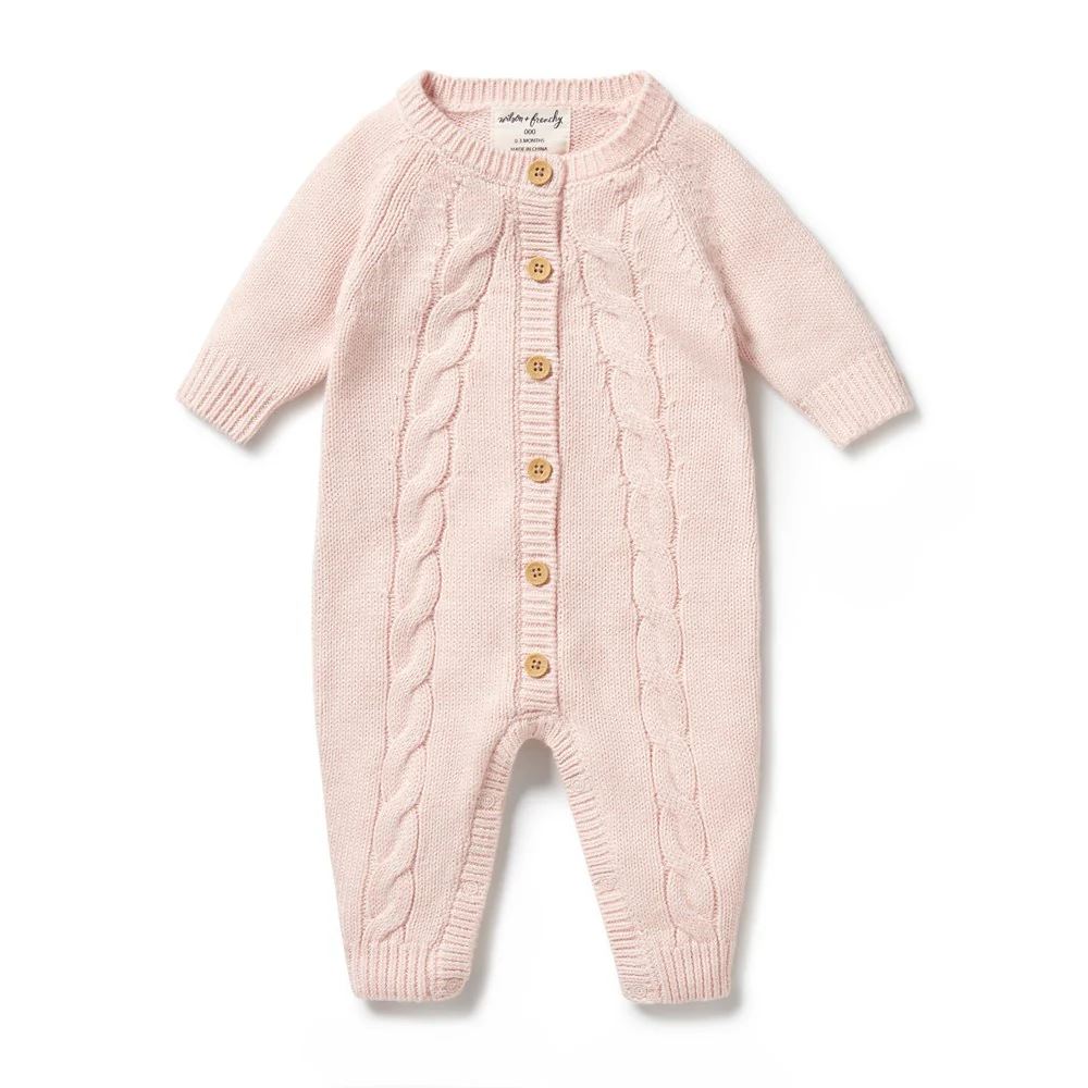 WILSON &amp; FRENCHY Knitted Cable Growsuit - Pink BABY CLOTHING - Zabecca Living