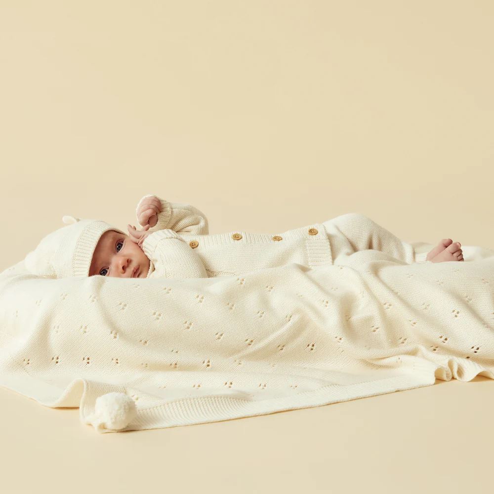 WILSON & FRENCHY Knitted Pointelle Blanket - Ecru BABY BLANKET - Zabecca Living