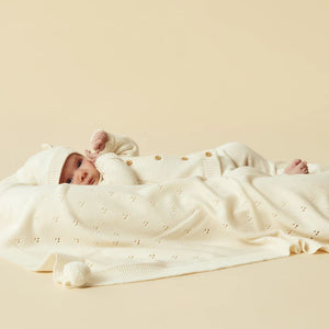 WILSON & FRENCHY Knitted Pointelle Blanket - Ecru BABY BLANKET - Zabecca Living