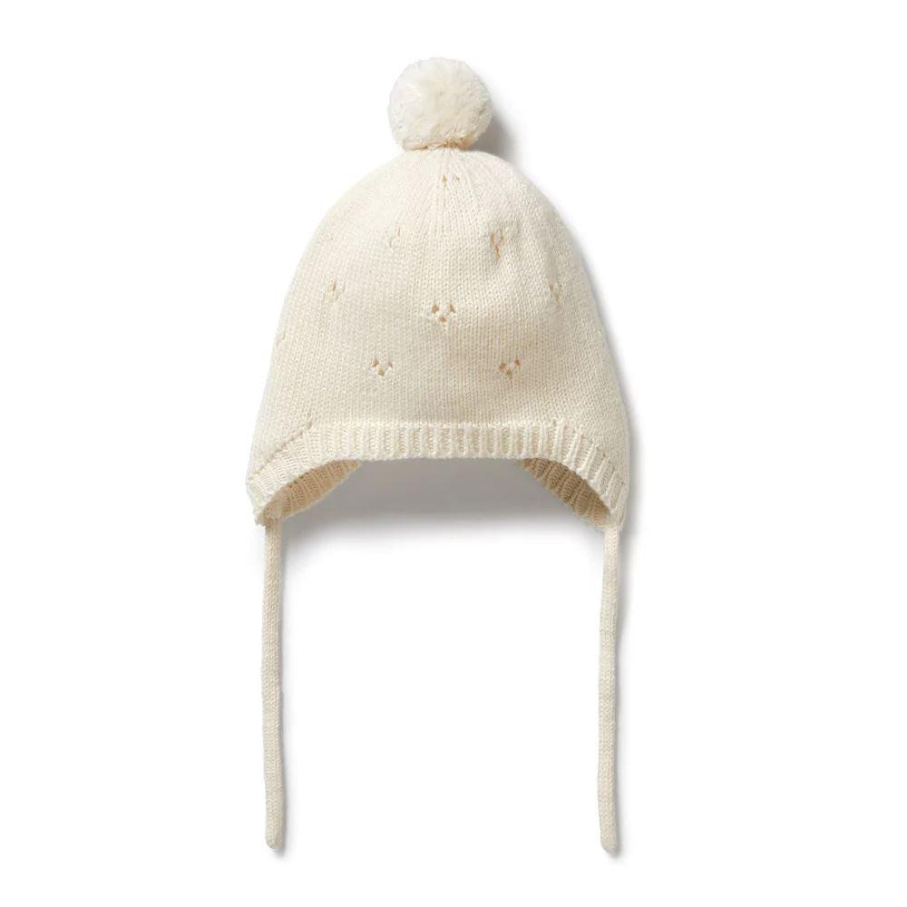 WILSON &amp; FRENCHY Knitted Pointelle Bonnet - Ecru Baby Hat - Zabecca Living