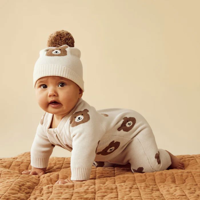 WILSON &amp; FRENCHY Organic Knitted Jacquard Growsuit - Beary Cute BABY CLOTHING - Zabecca Living
