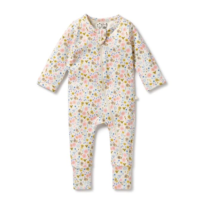 WILSON &amp; FRENCHY Organic Pointelle Zipsuit with Feet - Ava Floral BABY CLOTHING - Zabecca Living