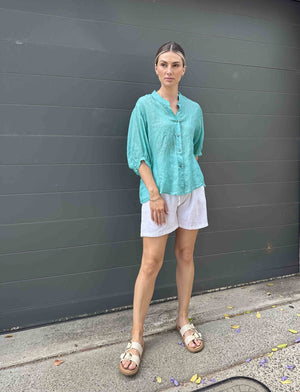 WORTHIER THE LABEL Button Back Linen Shirt - Aqua Shirts & Blouses - Zabecca Living