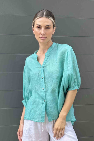 WORTHIER THE LABEL Button Back Linen Shirt - Aqua Shirts & Blouses - Zabecca Living