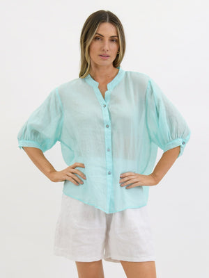 WORTHIER THE LABEL Button Back Linen Shirt - Arctic Blue Shirts & Blouses - Zabecca Living
