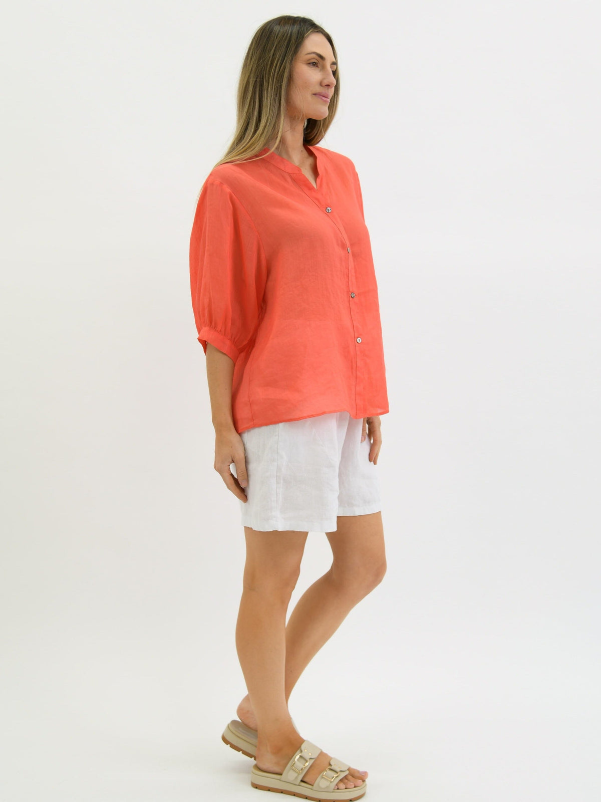 WORTHIER THE LABEL Button Back Linen Shirt - Coral Shirts &amp; Blouses - Zabecca Living