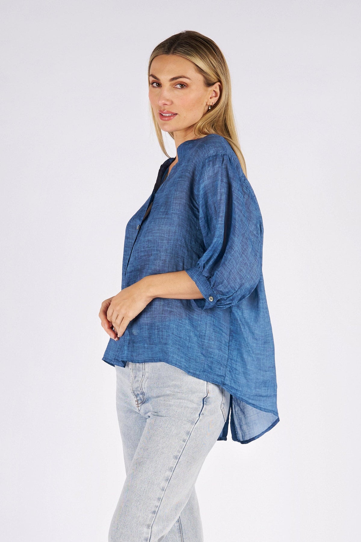 WORTHIER THE LABEL Button Back Linen Shirt - Denim Shirts &amp; Blouses - Zabecca Living