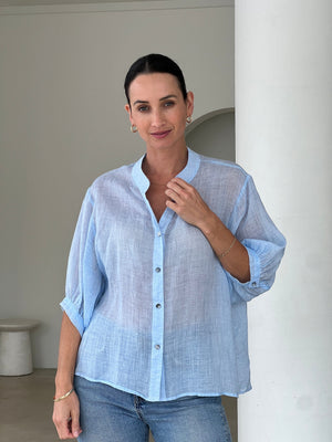 WORTHIER THE LABEL Button Back Linen Shirt - Ice Blue Shirts & Blouses - Zabecca Living