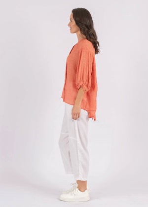 WORTHIER THE LABEL Button Back Linen Shirt - Orange Shirts & Blouses - Zabecca Living