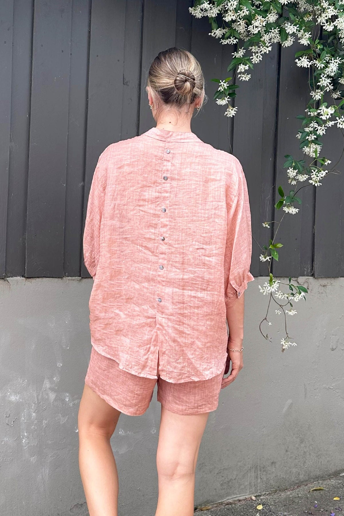 WORTHIER THE LABEL Button Back Linen Shirt - Rose Gold Shirts &amp; Blouses - Zabecca Living
