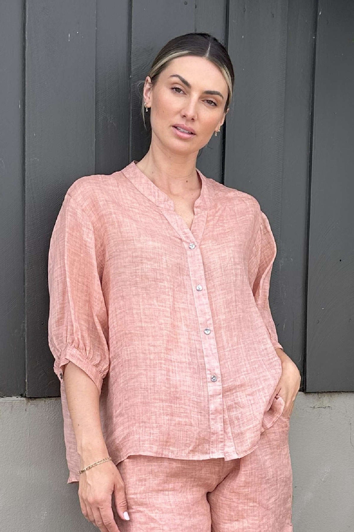 WORTHIER THE LABEL Button Back Linen Shirt - Rose Gold Shirts &amp; Blouses - Zabecca Living