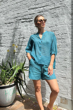 WORTHIER THE LABEL Button Back Linen Shirt - Teal Shirts & Blouses - Zabecca Living