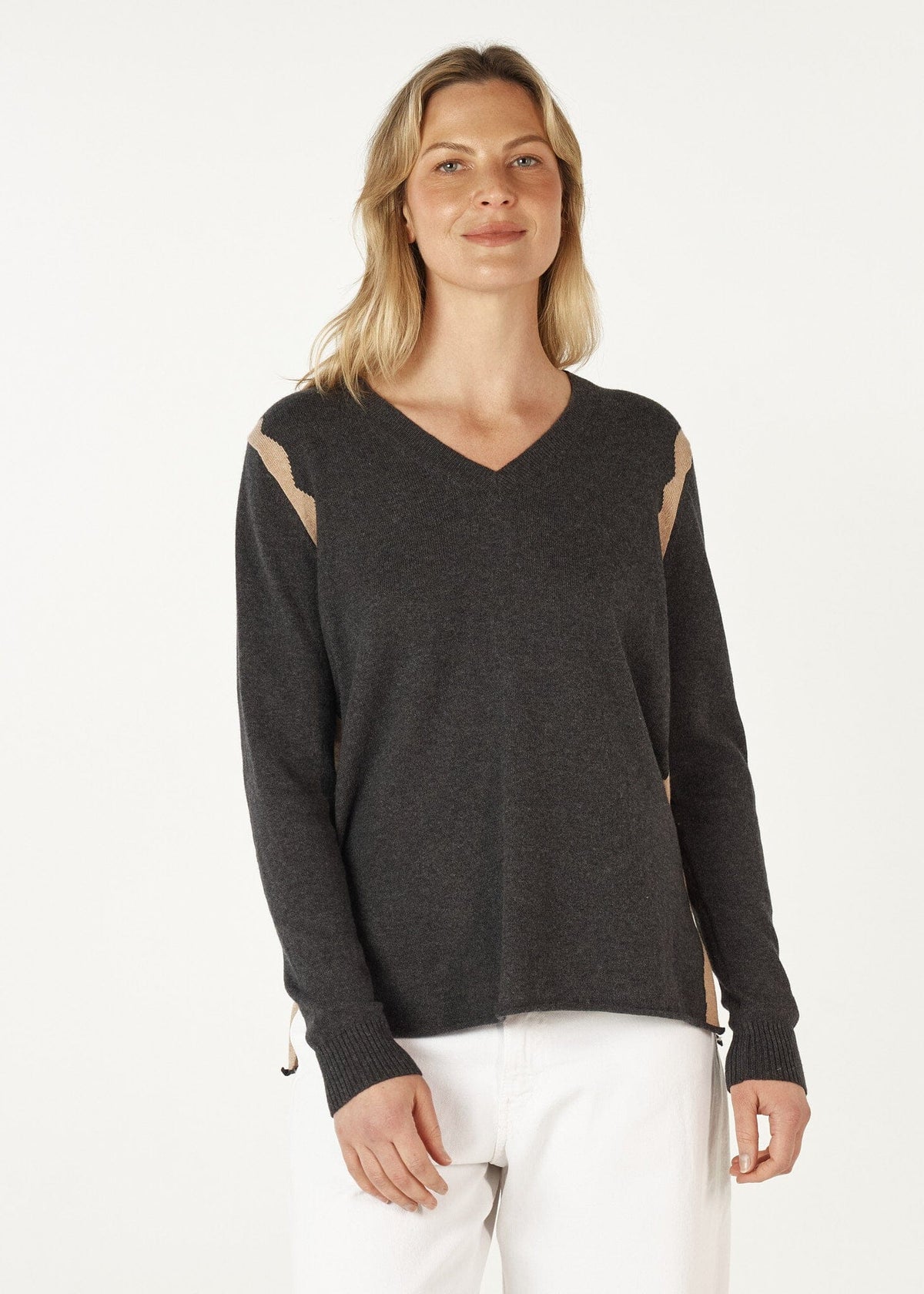 ZAKET &amp; PLOVER Zest Intarsia V Jumper - Charcoal Jumpers + Knitwear - Zabecca Living