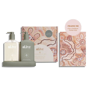 AL.IVE BODY Cungelella Art Wash and Lotion Duo + Tray - Wattle & Native Moss HAND AND BODY WASH - Zabecca Living