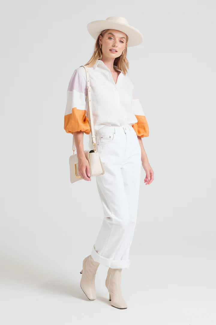 APERO Loli Linen Button Up Shirt - White / Orange / Lilac Shirts & Blouses - Zabecca Living