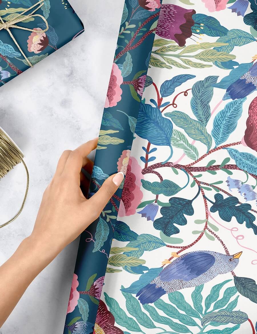 BESPOKE LETTERPRESS Double Sided Gift Wrap - Bird Twig - Indigo Floral Gift Wrap - Zabecca Living