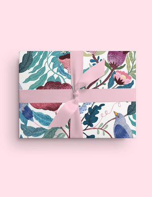 BESPOKE LETTERPRESS Double Sided Gift Wrap - Bird Twig - Indigo Floral Gift Wrap - Zabecca Living