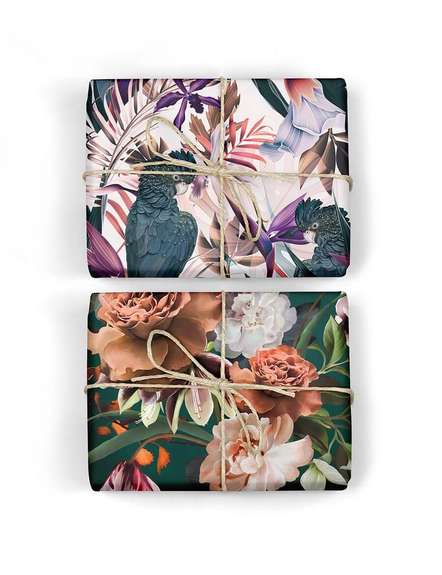 BESPOKE LETTERPRESS Double Sided Gift Wrap - Black Cockatoo - Autumn Roses Gift Wrap - Zabecca Living