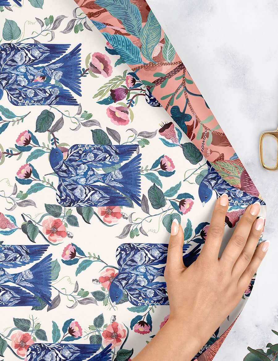 BESPOKE LETTERPRESS Double Sided Gift Wrap - Blue Bird - Swedish Forest Gift Wrap - Zabecca Living