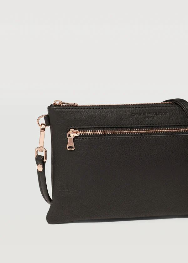 CHARLIE MIDDLETON Black Nappa Dual Zip Crossbody - Silver HANDBAG - Zabecca Living