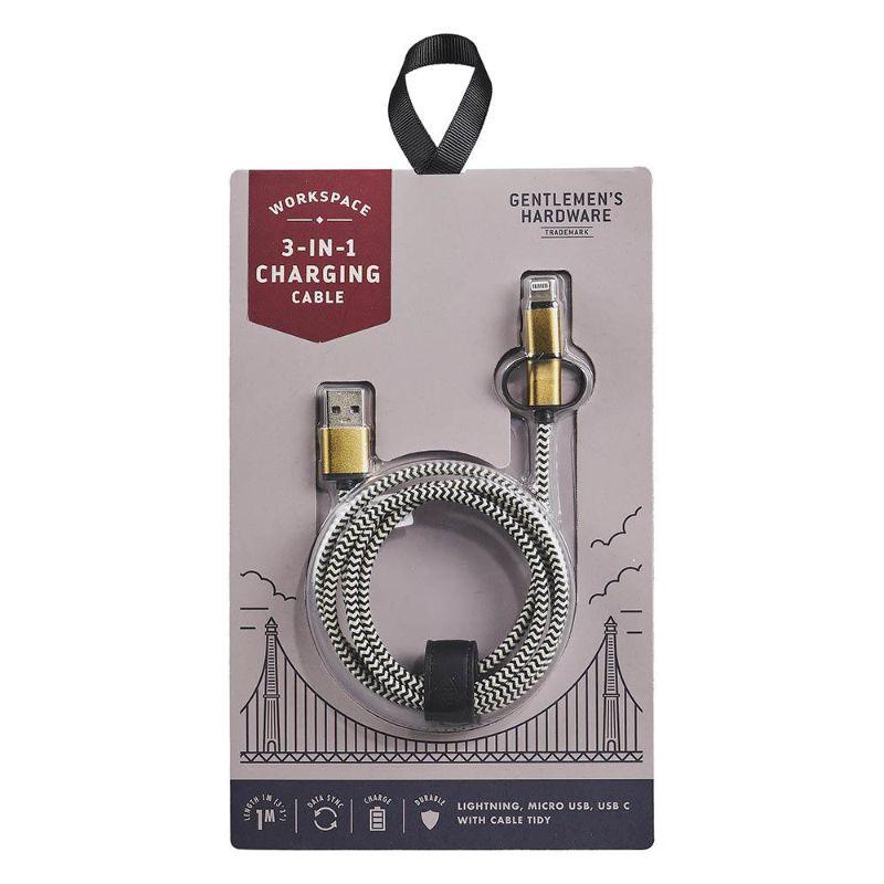GENTLEMEN'S HARDWARE 3 In 1 Charging Cable - Cream/Black Organisers - Zabecca Living